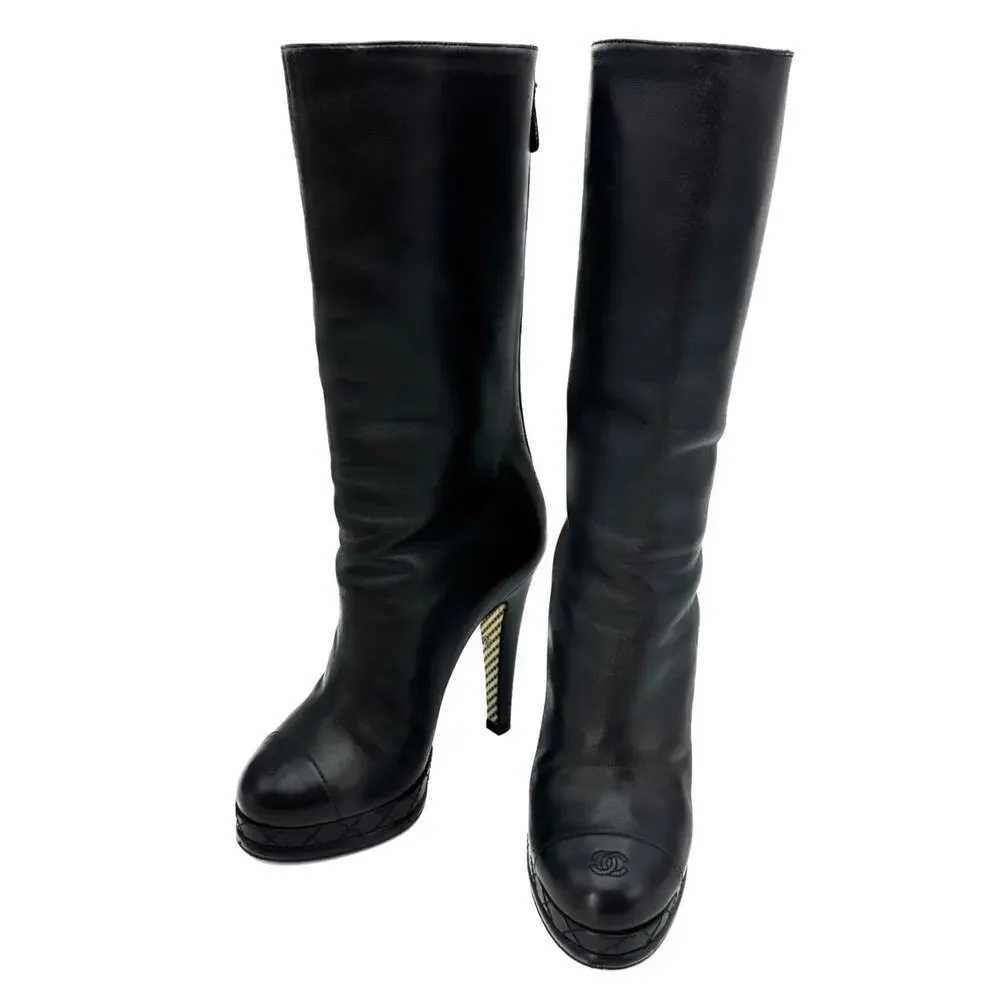 CHANEL Black Leather CC Cap Toe Quilter Platform Heel Boots IT 36